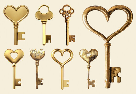 Vintage Heart Shaped Golden Keys Element Set