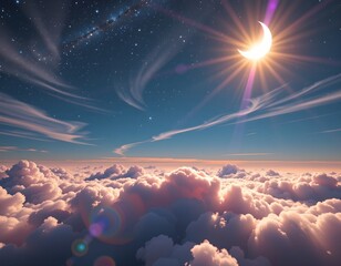 Serene Night Sky with Bright Crescent Moon and Twinkling Stars