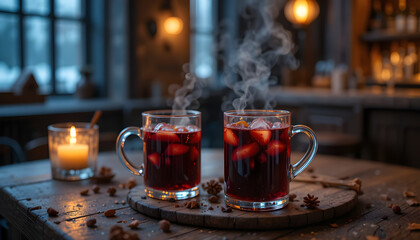 

Hot mulled wine on the table bar 4K