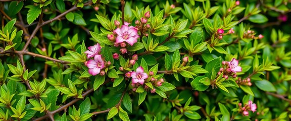 Dense, thorny bush with vibrant green leaves and small pink flowers,  picture,  graphic