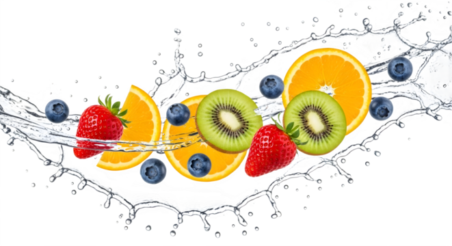 Vibrant mix of fresh fruits splashing through clear water, a refreshing and healthy concept.
