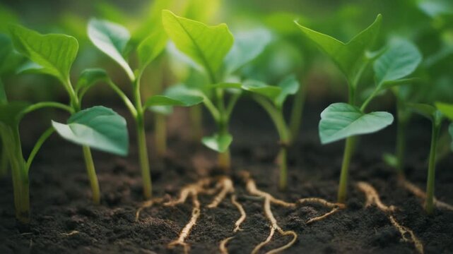Small plants with roots in ground. Fresh green leaf. Nature and growing concept. Close-up.
