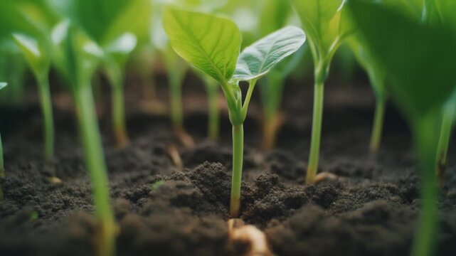 Small plants with roots in ground. Fresh green leaf. Nature and growing concept. Close-up.
