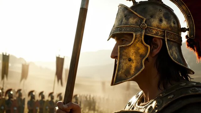 Warrior stands ready on dusty battlefield. Soldier wears helmet and armor. Spear held upright beside shield. Army lines form in background before battle. Ancient combat mood captured in golden light.