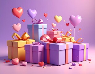 Colorful gifts with ribbons and heart-shaped balloons on a pastel purple background