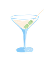 Martini cocktail with olive garnish. Vector illustration isolated on white background.
