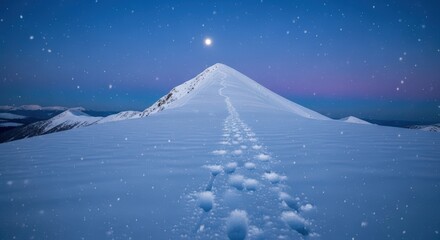 Solitary footprints lead up a snow-covered mountain peak under a starry night sky with a bright moon.