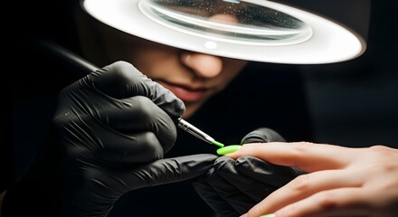 Closeup of a nail technician applying neon green polish under a magnifying lamp