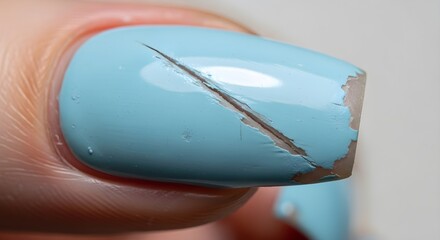 Closeup of a chipped pale blue fingernail polish with a deep crack.