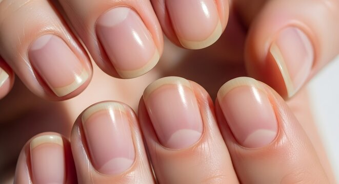 Closeup of healthy human fingernails with natural lunulae.