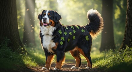 Dog wearing leaves stands in a sunlit forest path surrounded by trees and soft light