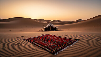 A single, beautiful red rug lies on the vast sand dunes of a desert at sunset, creating a surreal and minimalist scene.