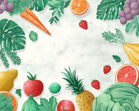 Watercolor illustration of fresh fruits and vegetables isolated on white background