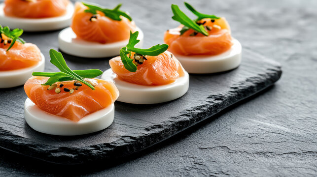 Smoked salmon amuse bouche on cream cheese rounds with arugula and sesame