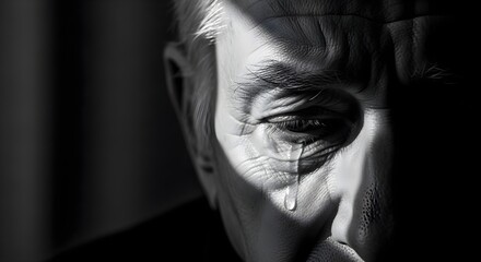 Closeup black and white portrait of an elderly man with a tear rolling down his cheek.