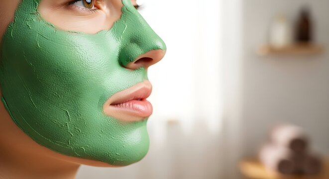 A woman wears a green face mask for skincare treatment. - Powered by Adobe