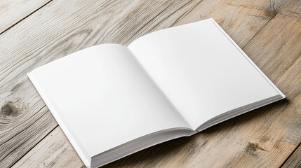 Fototapeta premium Blank hardcover book mockup open on wooden table with soft warm light and calm mood