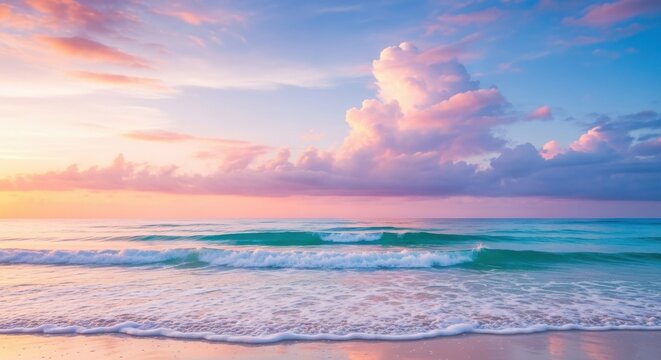 Colorful sunset over calm ocean waves at a serene beach in the evening