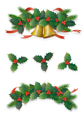 クリスマス　ヒイラギの飾りイラストセット