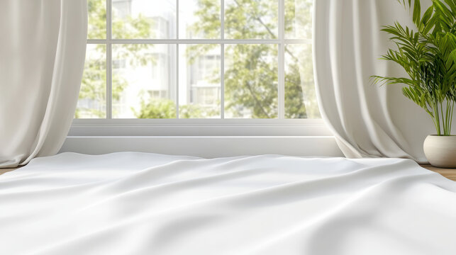 White bed sheet minimal bedroom window sunlight soft folds serene morning