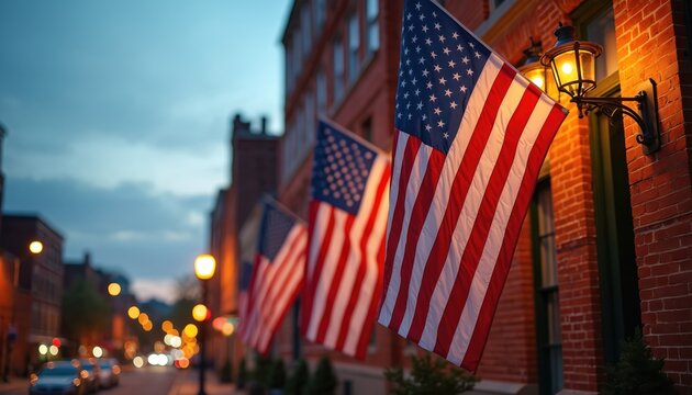 American flags hang on brick building on city street at twilight. Red white, blue banners wave gently as streetlights illuminate urban scene. Cars, blurred lights create cozy nighttime atmosphere. - Powered by Adobe