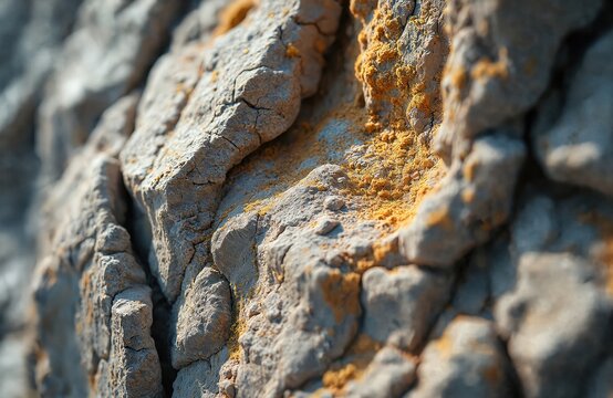 Rough grey stone texture with yellow mineral deposits. Cracked rock surface detail, natural background pattern. Geological formation, mineralogy study, nature abstract.