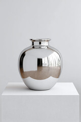 Vertical macro shot of chrome vase with reflective metallic surface, subtle light reflections, minimal neutral background, shallow depth, professional product photography style.