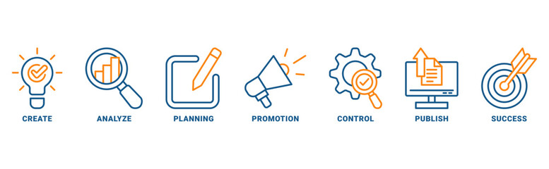 Content strategy icon set vector concept with icon of create, analyze, planning, promotion, control, publish and success  © HRF07
