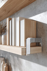 Horizontal styled mockup of chrome bookshelf brackets on light wooden shelves with books and small decor, neutral wall, soft diffused daylight, focus on bracket details, clean modern stock aesthetic.