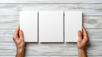 Obraz premium Blank tri fold brochure mockup held by hands on white wooden background, minimal calm