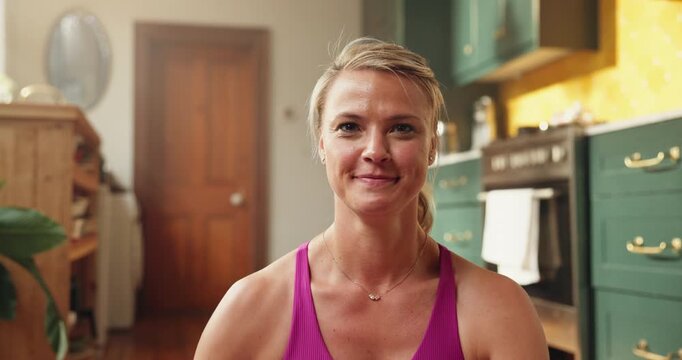 Face, strong or happy woman with flex in home for body goals, confidence or muscle progress from training. Portrait, fitness or athlete show biceps for workout results, achievement or pride for power