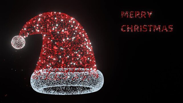 santa claus hat spins 360 degrees against a black backdrop, showering tiny falling stars.

