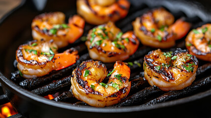 Grilled shrimp with garlic butter and herbs sizzling on cast iron grill, savory aroma
