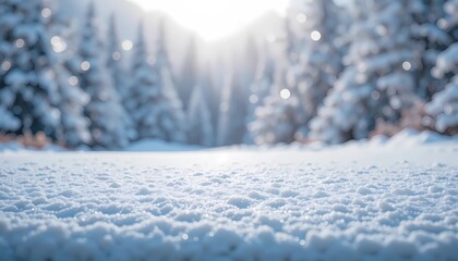 Snow on bokeh background of glowing bright landscape.