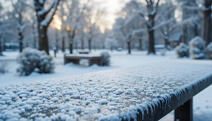 A serene winter landscape with close up a frost-covered table, on blurred background of a snow-covered park