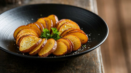 Close-up of Golden Brown Crispy Roasted Potato Slices Seasoned with Salt, Pepper, and Fresh Parsley in a Black Bowl