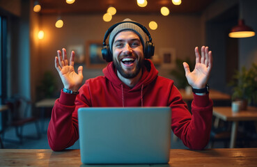 Man with headphones and beard smiles, waving hands while looking at laptop screen. Young guy wears red hoodie and beanie indoors, enjoying online work or chat. He is happy and engaged.