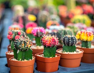 Colorful grafted gymnocalycium cacti in pots are closely arranged in a greenhouse