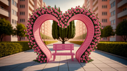 Large Pink Heart-Shaped Wooden Archway and Bench Decorated with Pink Roses, Serving as a Romantic Photo Spot in a Public City Park
