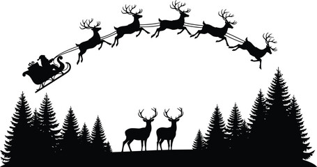 Santa Claus flying sleigh over pine forest with deer silhouette, Christmas winter landscape vector illustration, holiday background © MD SHAHARIR