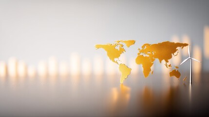 ESG Financial Forecast Insights, A world map with a wind turbine symbolizes renewable energy and sustainability against a soft, illuminated background.