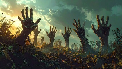 Gruesome depiction of multiple rotting hands reaching out from the ground under a cloudy, dramatic sky