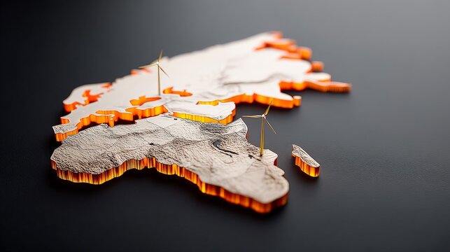 ESG Financial Forecast Insights, A stylized map featuring wind turbines, representing sustainable energy and geographic outlines with vibrant colors. - Powered by Adobe