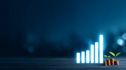 ESG Financial Forecast Insights, Growth chart with coins and green plants, symbolizing financial success and sustainability in a dark, blurred background.