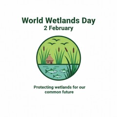 World Wetlands Day illustration with hut reeds fish and birds february protecting