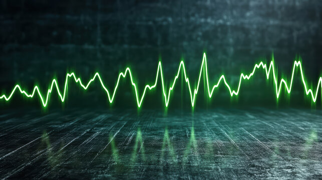 Green waveform heartbeat monitor line pulses rhythmic glow on dark reflective floor