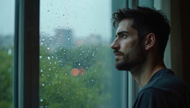 Man looks out window with raindrops on glass. He appears sad thoughtful, alone, and pensive. Outdoors scene is blurred with plants and some bokeh lights.