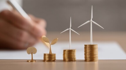 ESG Financial Forecast Insights, Financial growth represented by coins and tree models, symbolizing sustainability and investment in renewable energy.