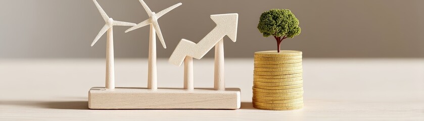 ESG Financial Forecast Insights, Wooden wind turbines, a growth arrow, and a tree atop stacked coins symbolize sustainable finance and environmental growth.
