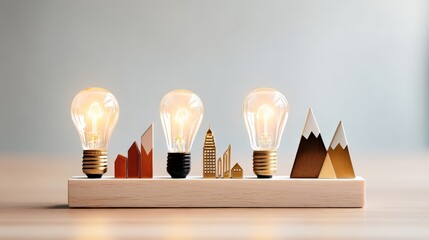ESG Financial Forecast Insights, A modern lamp design featuring three light bulbs with decorative mountain and cityscape elements.